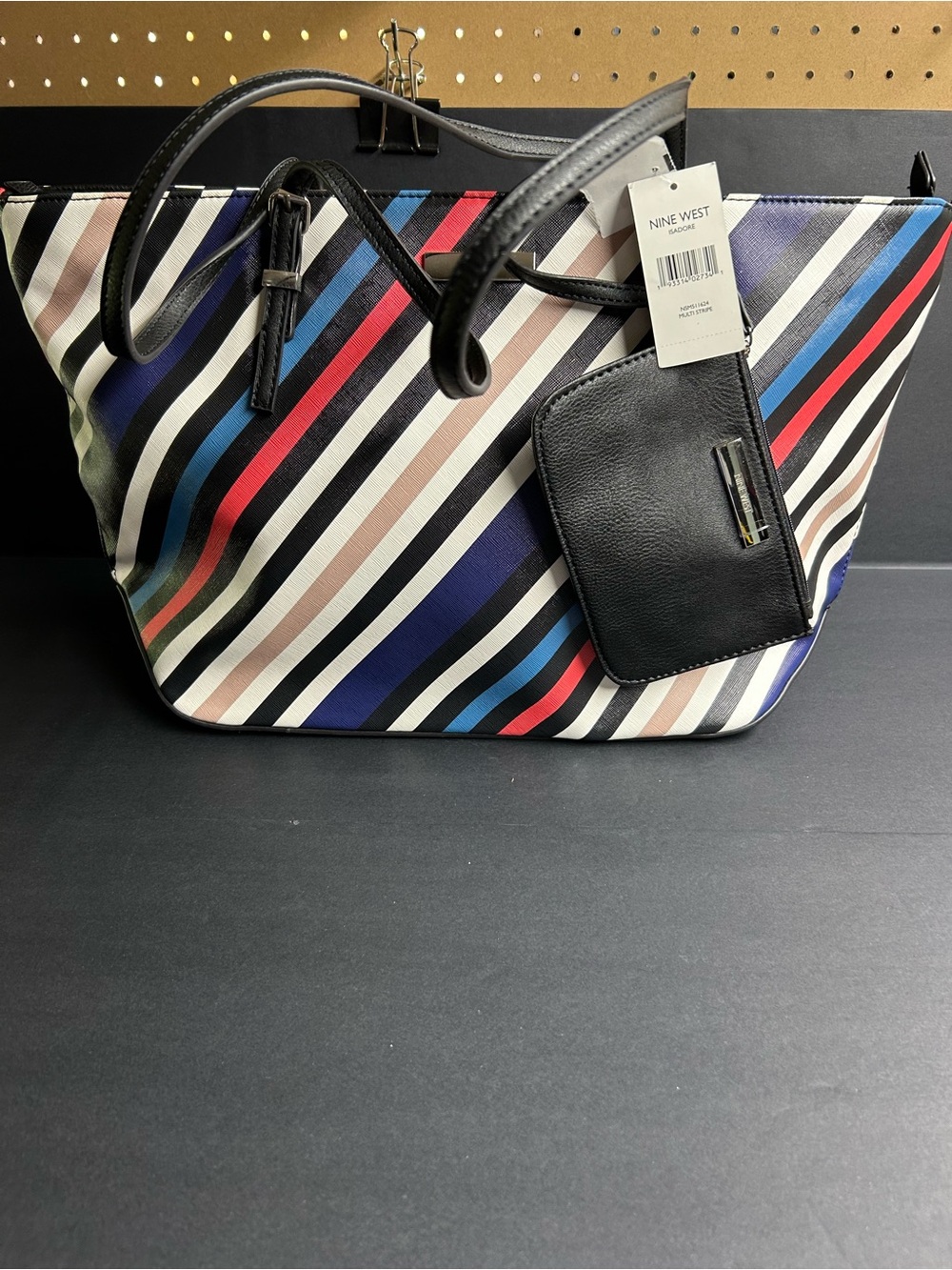 Nine West NWT Black Striped Multi-Color Tote with small clutch